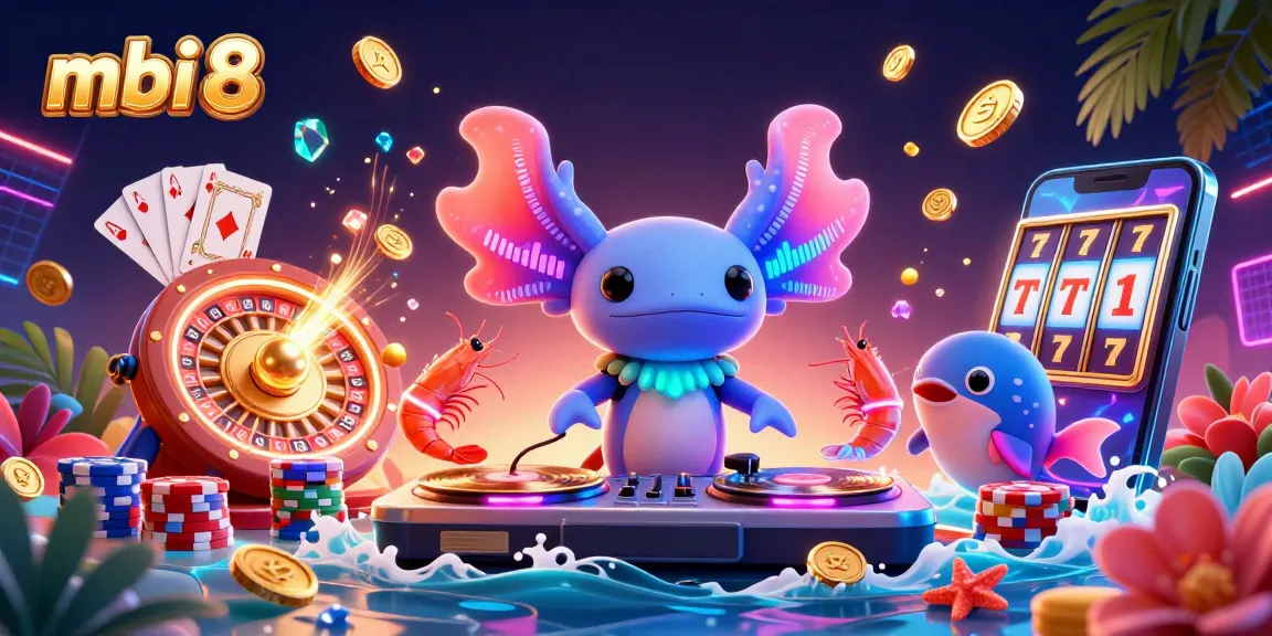 Spin lucky slots at mbi 8 with vibrant illustrated axolotl DJ and colorful gambling elements.
