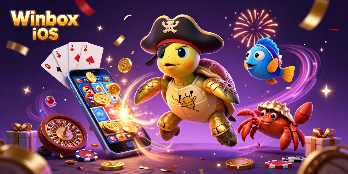 Play exciting games on Winbox iOS, featuring a vibrant casino scene with characters and immersive elements.