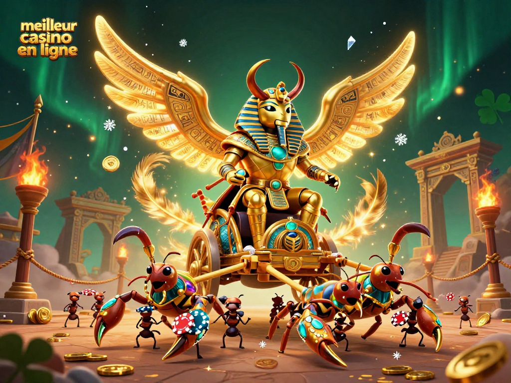 Découvrez le meilleur casino en ligne avec ce scarabée doré majestueux et ses scorpions, entourés d'éléments de jeu.