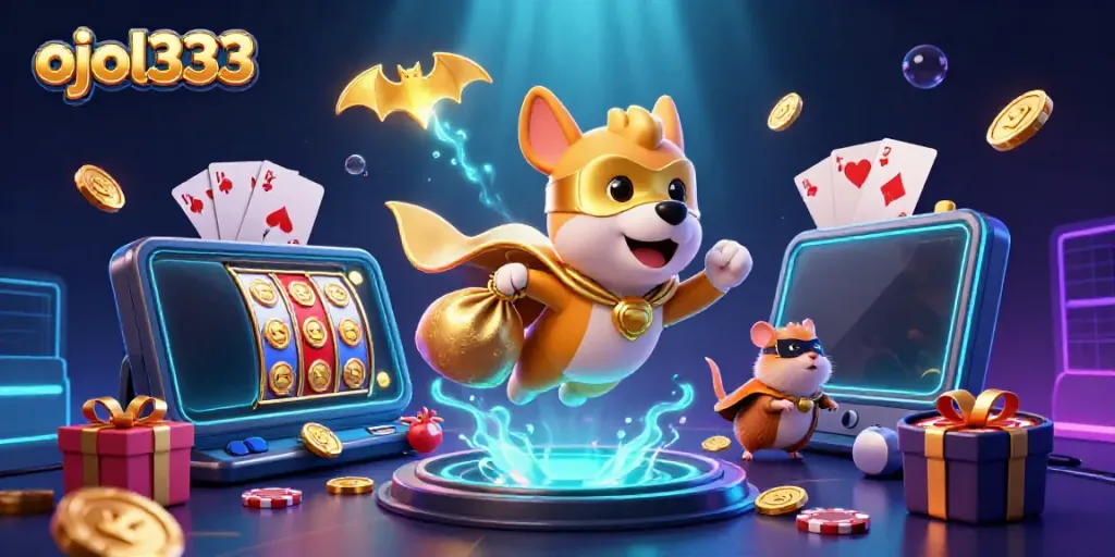 Experience the excitement of ojol333 with this vibrant 3D digital illustration featuring a superhero dog amidst casino-themed elements.