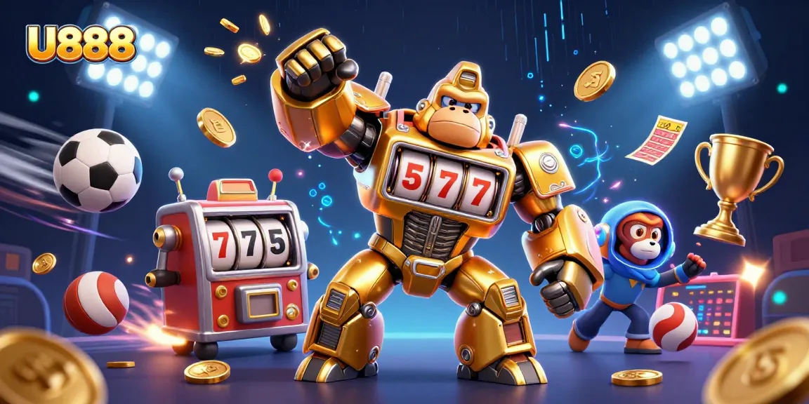 Engage with U888's dynamic gaming action in a vibrant casino scene featuring sports, games, and winning moments.