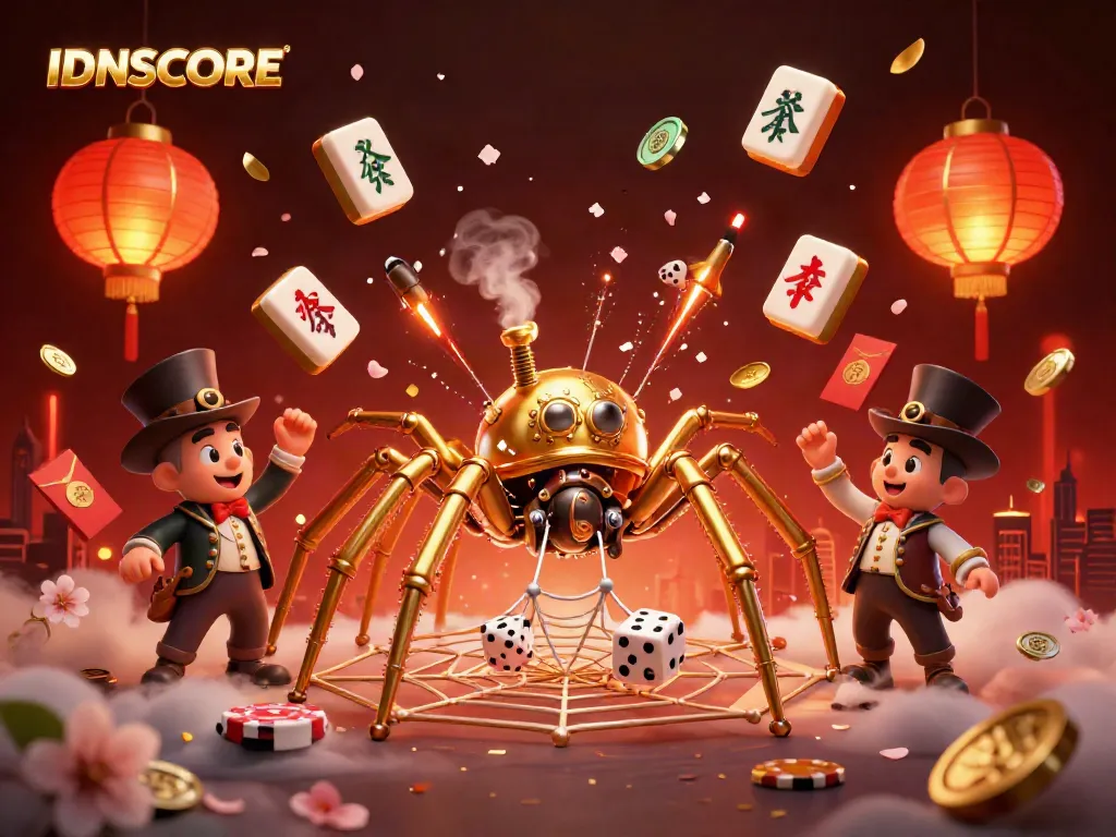 Experience IDNSCORE's unique gambling fun with a steampunk spider and themed game elements.