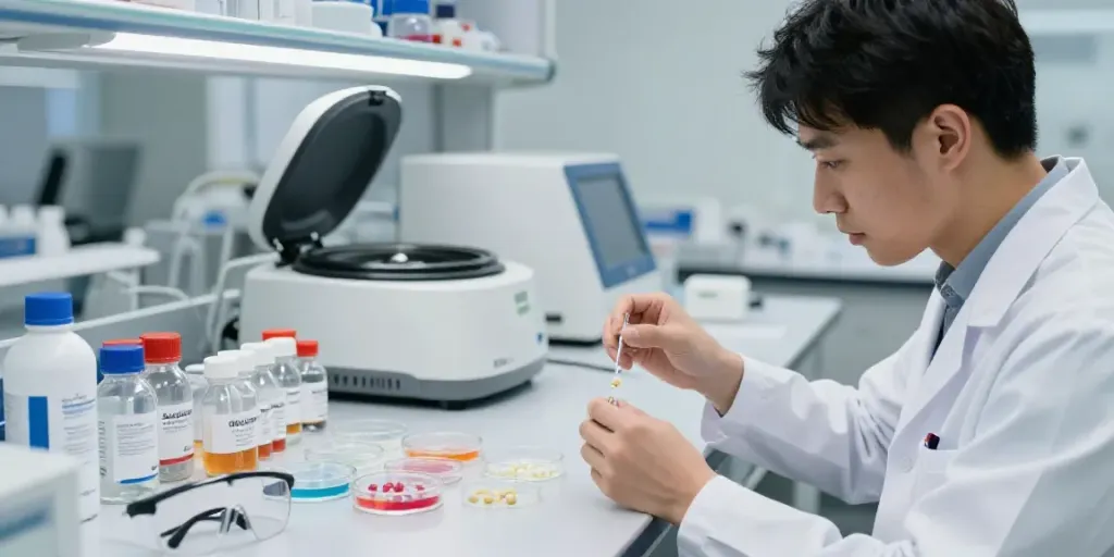 SwissChem research chemicals displayed in a bright lab environment with a scientist analyzing peptides.