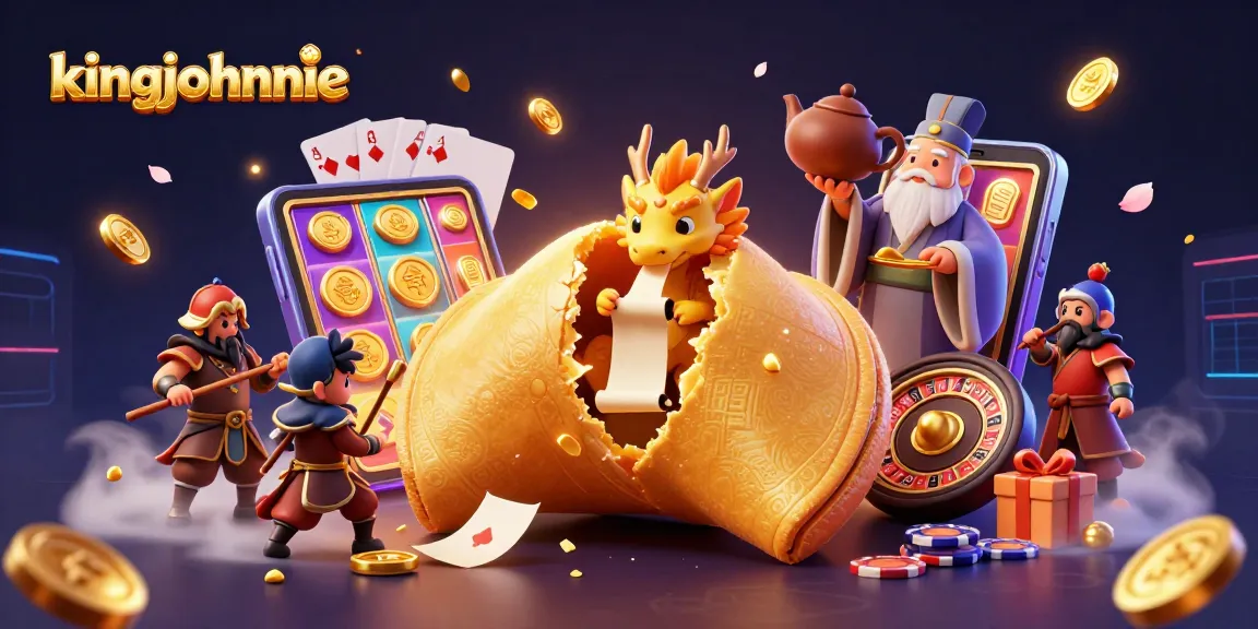 Experience excitement with kingjohnnie as fortune cookie characters interact in a vibrant casino scene.