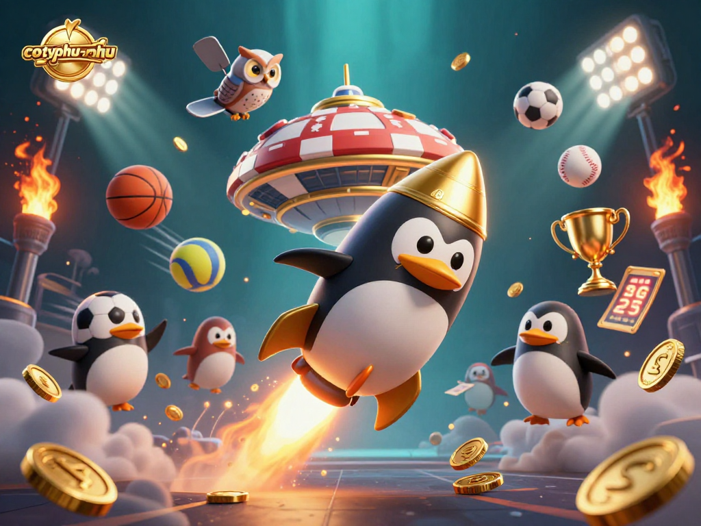 Cotyphu-nohu showcases a golden penguin racing to a casino chip station in exhilarating gameplay.