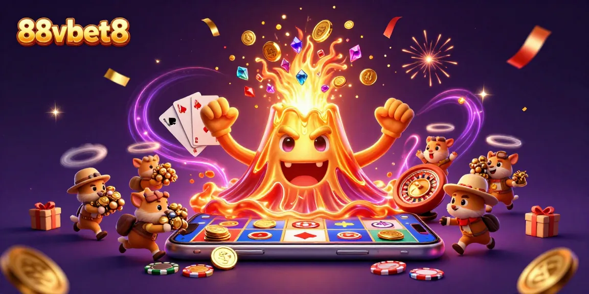 Spin to win with 88vbet8 in this vibrant 3D cartoon scene showcasing a golden volcano and casino elements.