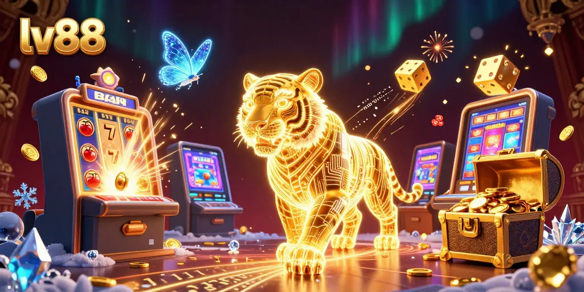 Engaging scene depicting lv88 with a golden tiger amidst a vibrant digital casino landscape bursting with slot machines.