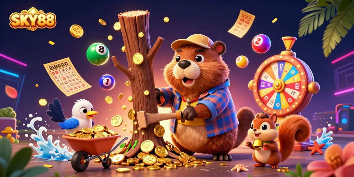 Engage in SKY88 with vibrant bingo and lottery elements in this dynamic casino illustration.