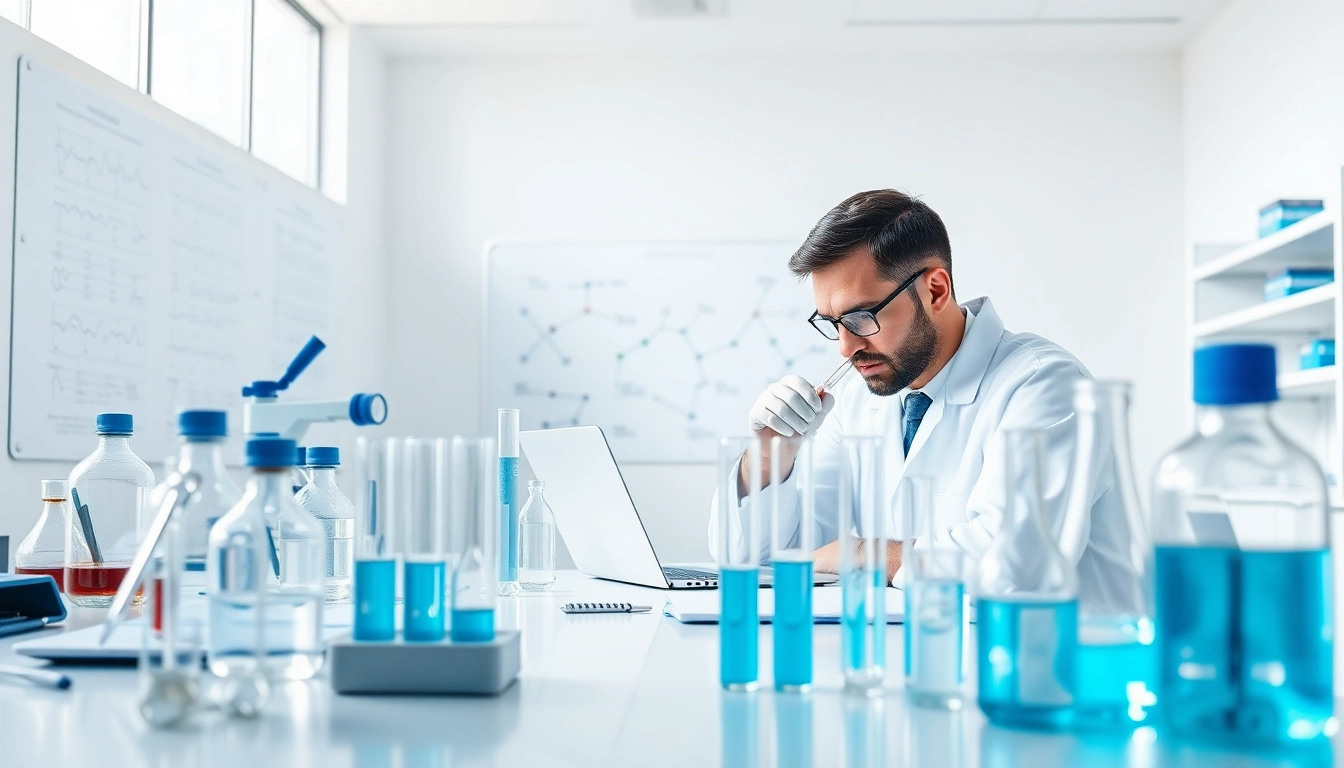 Scientist studying ion peptides in a professional lab setting with advanced equipment.