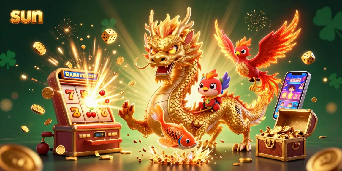 Spin the slots with sun-themed dragon and winning phoenix in a vibrant casino scene.