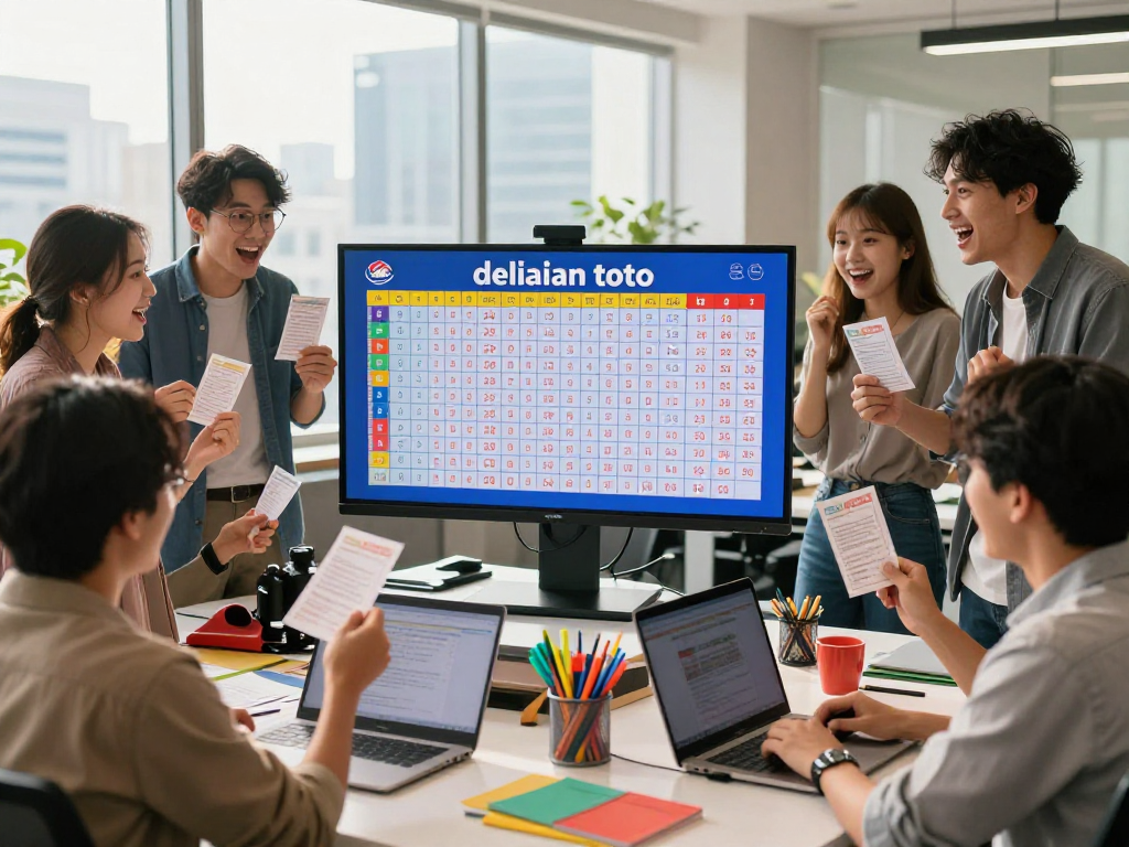 Kelompok orang muda merayakan hasil undian delapan toto di kantor yang cerah.