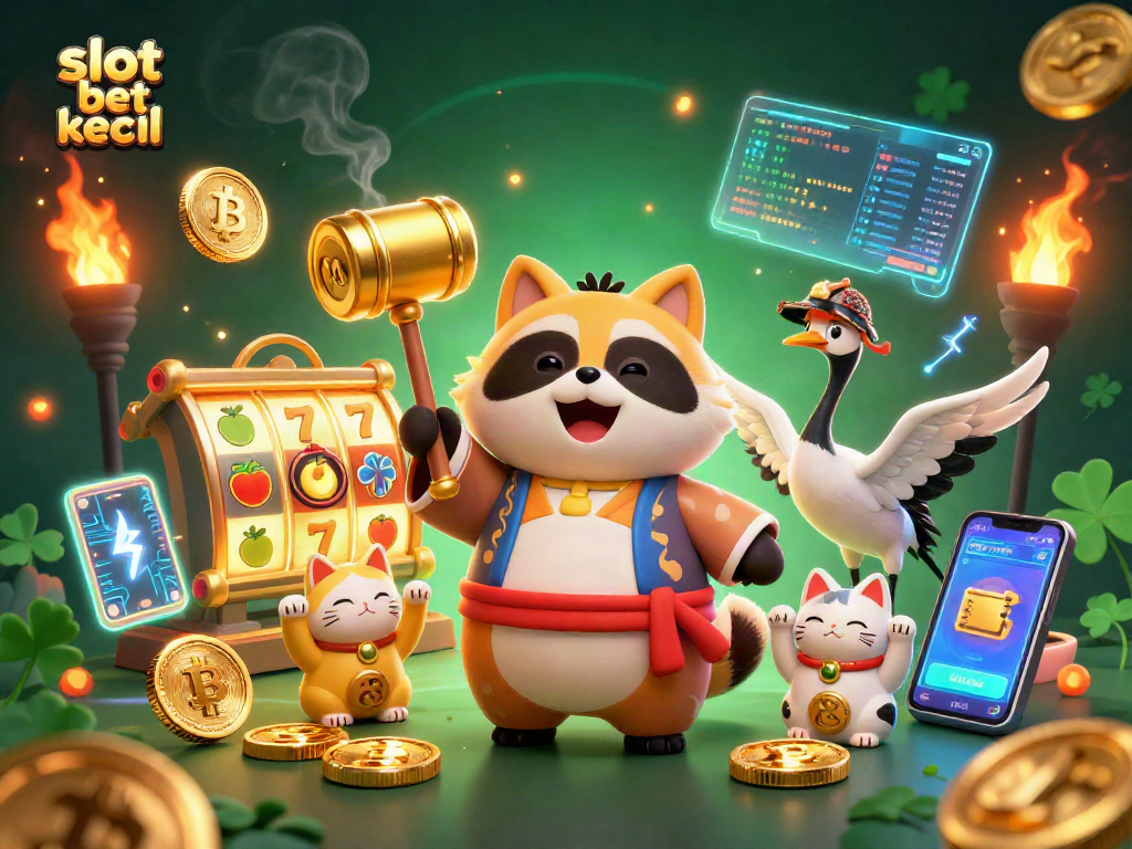 Experience the excitement of slot bet kecil with glowing slot reels and cheerful characters.