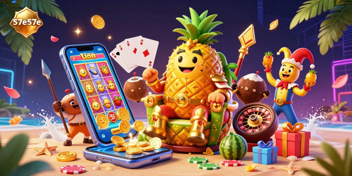 Engage in vibrant casino fun with the dynamic 57e57e scene featuring a golden pineapple king, coconut guards, and gaming excitement.