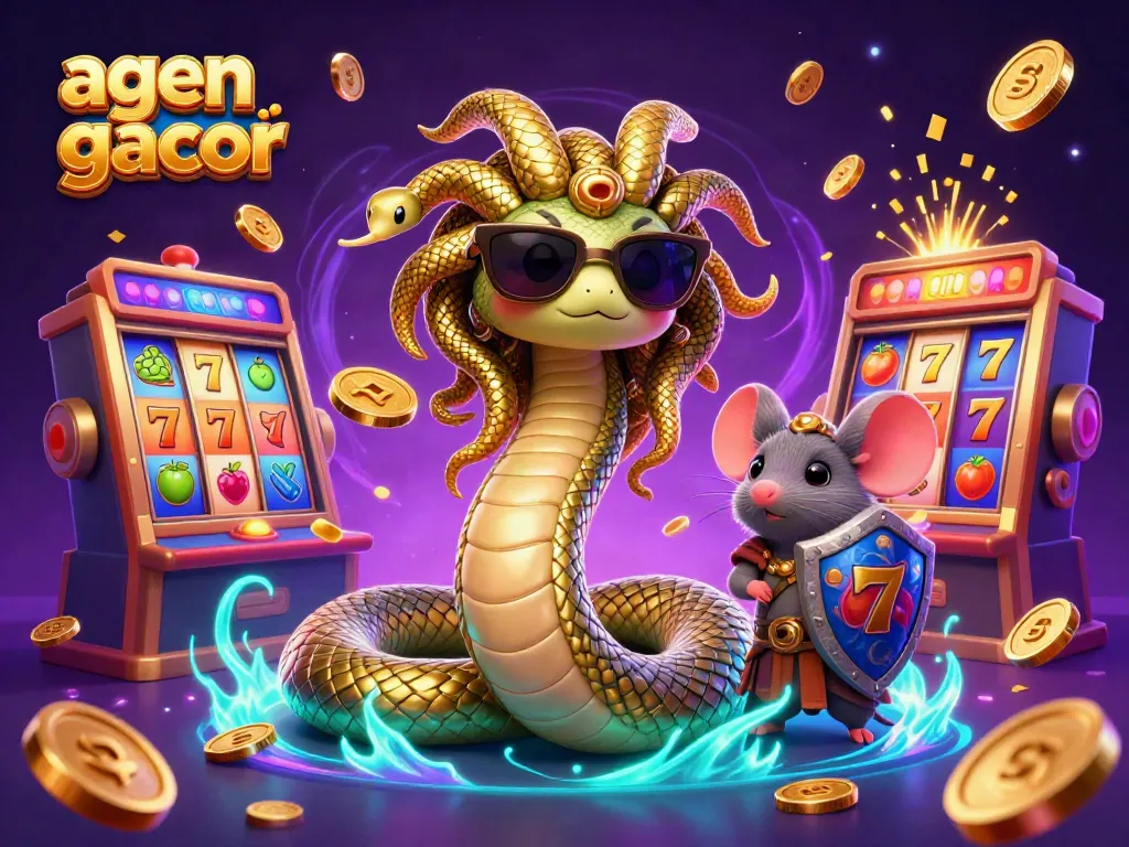 Experience the excitement of agen slot gacor with a vibrant casino scene featuring Medusa and a mouse warrior.