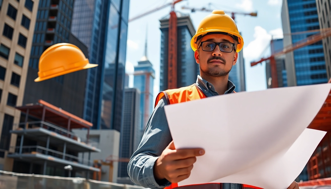 New York City construction manager reviewing blueprints on a lively construction site.