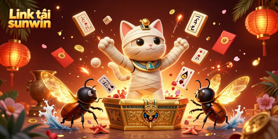 Engage with thrilling adventures through Link tải sunwin, where a cartoon Egyptian mummy cat and scarab beetle explore a vibrant casino.