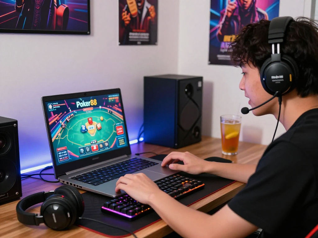 Engaged player enjoying Poker88 online game with gaming setup and colorful graphics.