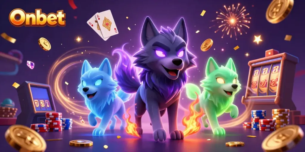 Bet on excitement with Onbet's dynamic casino scene featuring cartoon wolves, chips, and coins.