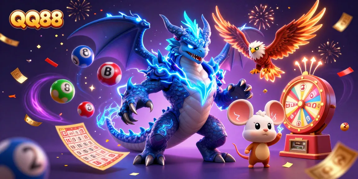 Experience excitement with QQ88 as vibrant energy and colorful lottery balls fill the scene dynamically.