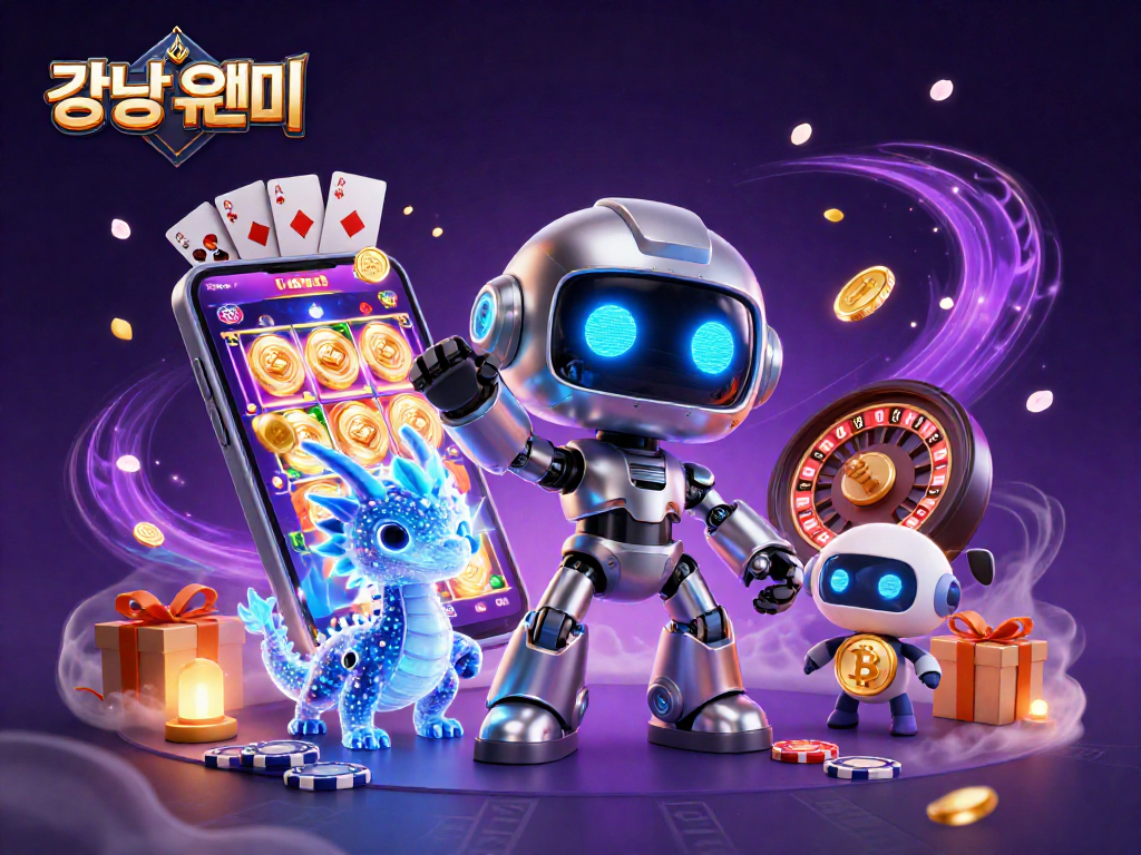강남 유앤미에서 즐기는 다양한 게임을 상징적으로 나타낸 3D 일러스트입니다.