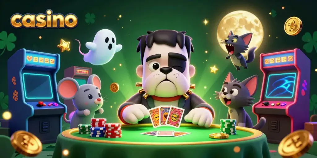 Frankenstein bulldog monster deals cards at a spooky casino table with a ghost mouse and werewolf kitten.