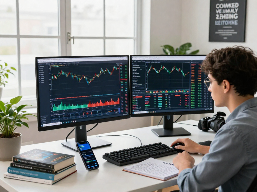 Professional analyzing TradingView charts in a modern trading workspace with dual monitors and market analysis notes.