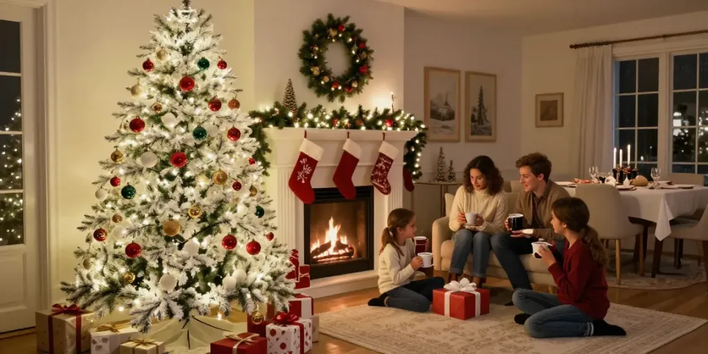 Beautifully decorated artificial white xmas trees in a cozy holiday living room