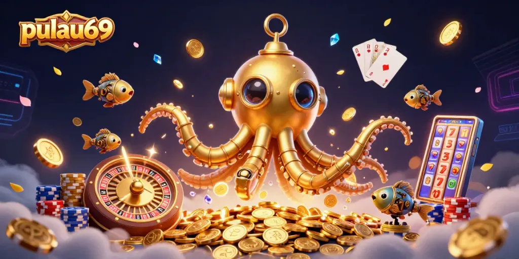 Experience pulau69's thrilling casino adventure with a vibrant 3D kraken and gold coins.