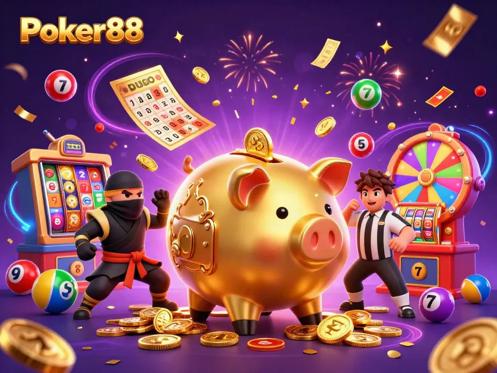 Experience the thrilling ambiance of Poker88 with a vibrant casino illustration showcasing dynamic game elements.