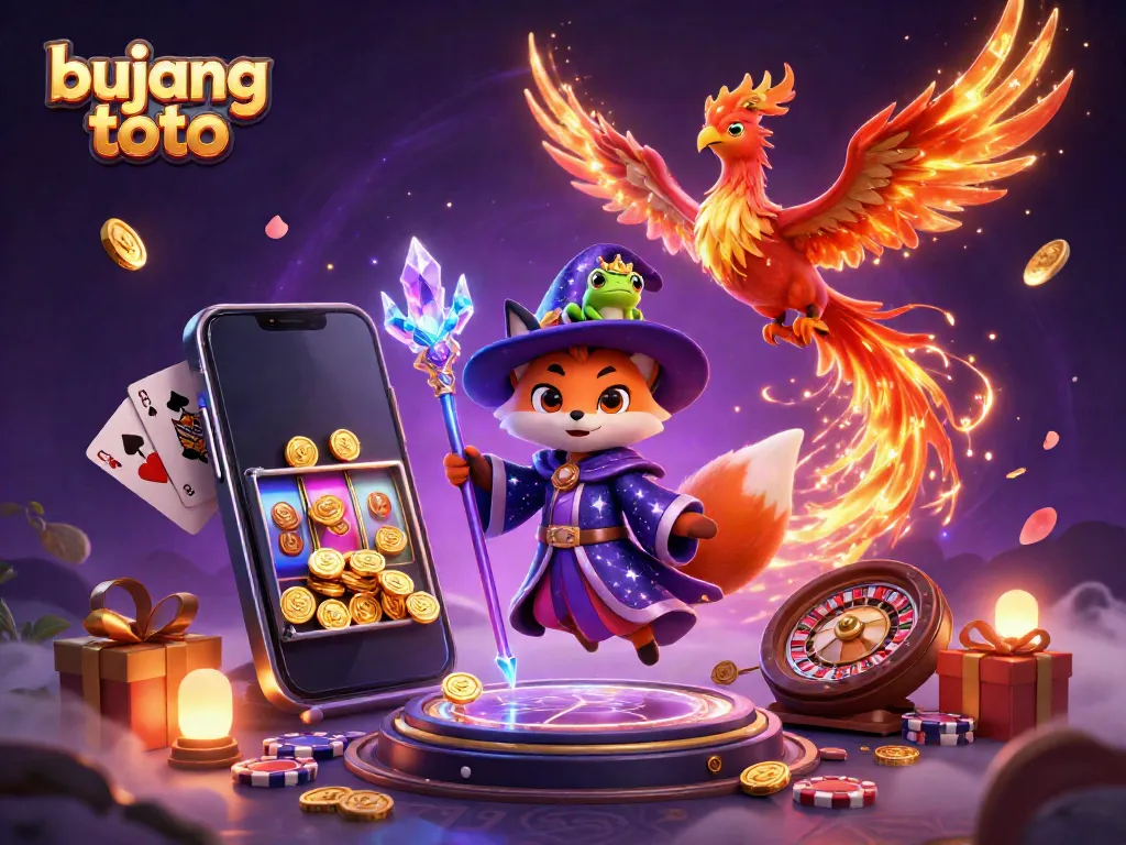 Engage with bujang toto gaming through mystical themes and vibrant slot visuals in this enchanting illustration.