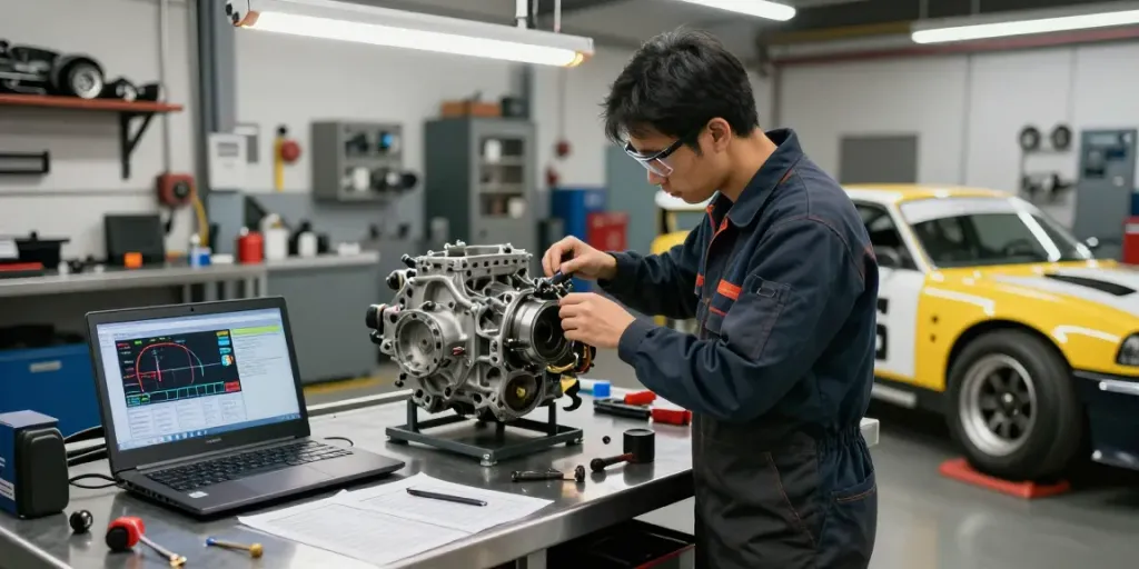 Mechanic inspecting a CD009 transmission in a bustling automotive workshop.