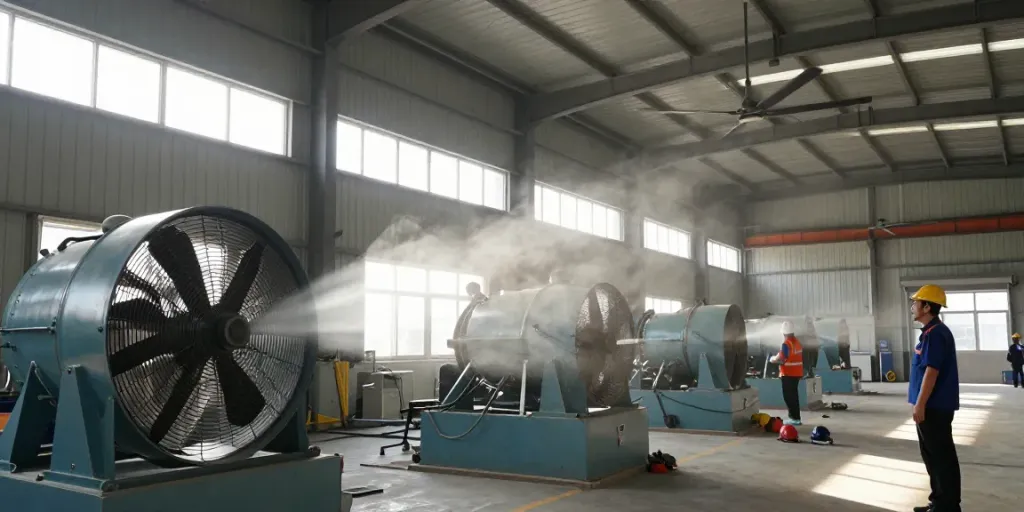 Quạt công nghiệp hoạt động trong nhà xưởng, tạo luồng không khí và ánh sáng tự nhiên.