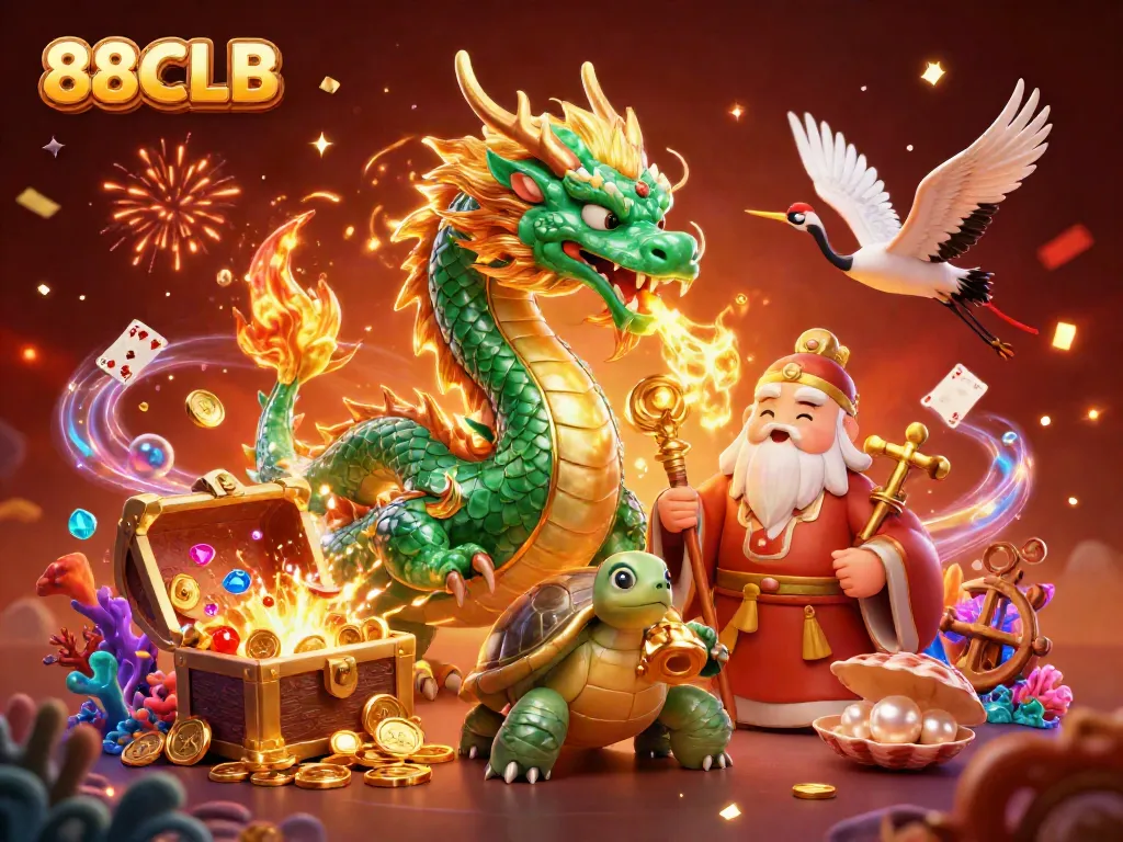 Experience the mythical world of 88CLB with a jade dragon and lucky cranes, featuring vibrant casino elements.