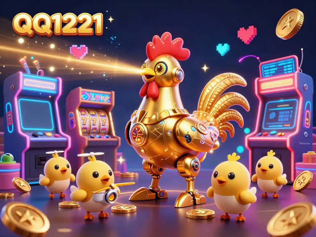 Experience thrilling QQ1221 slot games with a vibrant golden robot and cute drones in action.