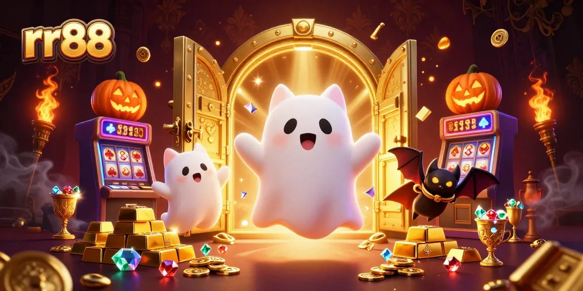 rr88's ghost cat and vampire bat explore a haunted casino mansion filled with treasures.