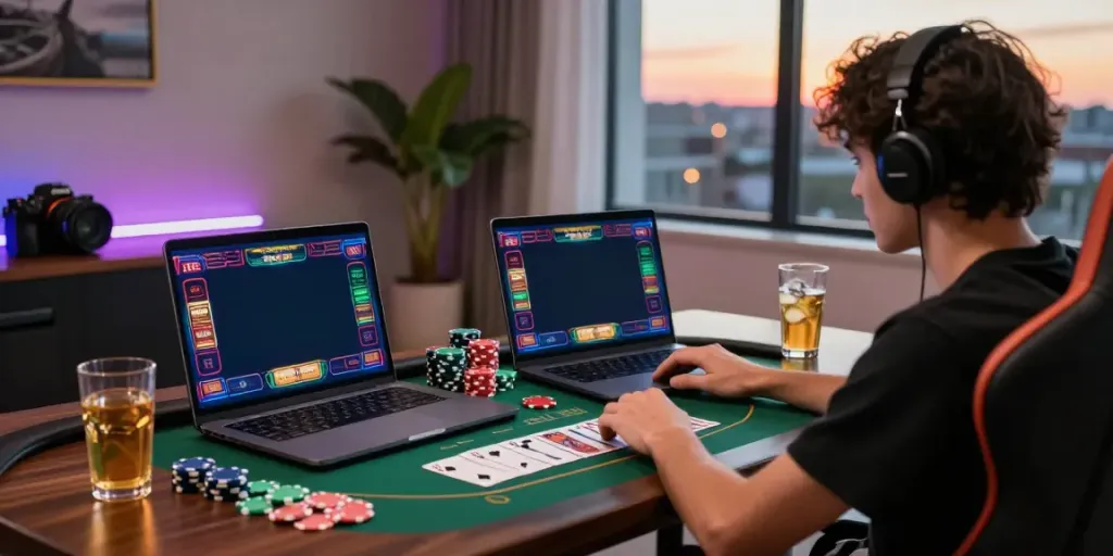 Individual immersed in casinos not on gamstop, enjoying a vibrant gaming atmosphere.