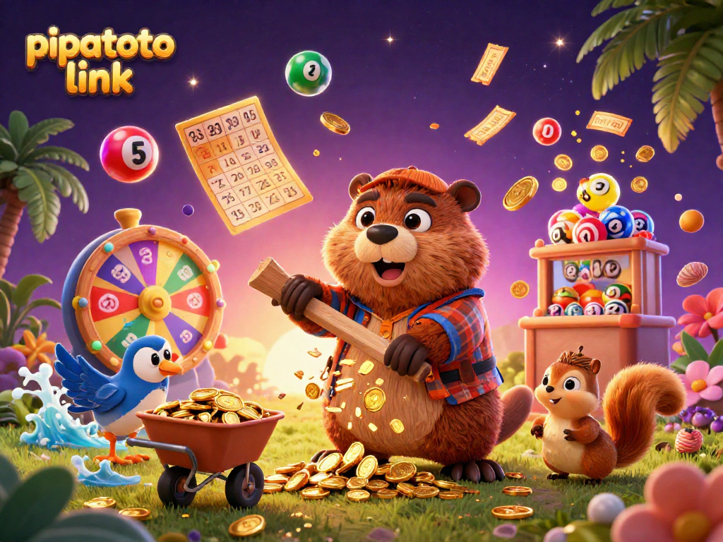 Experience winning moments with pipatoto link as the beaver celebrates money rain in a vibrant casino scene.
