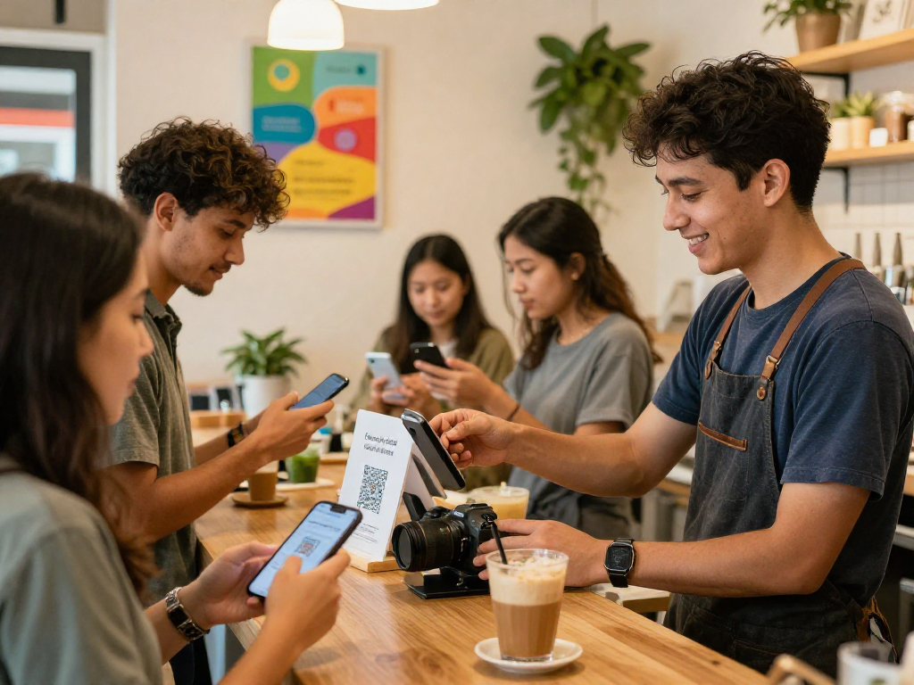 Loyalty rewards in action at a cozy café with customers using QR codes