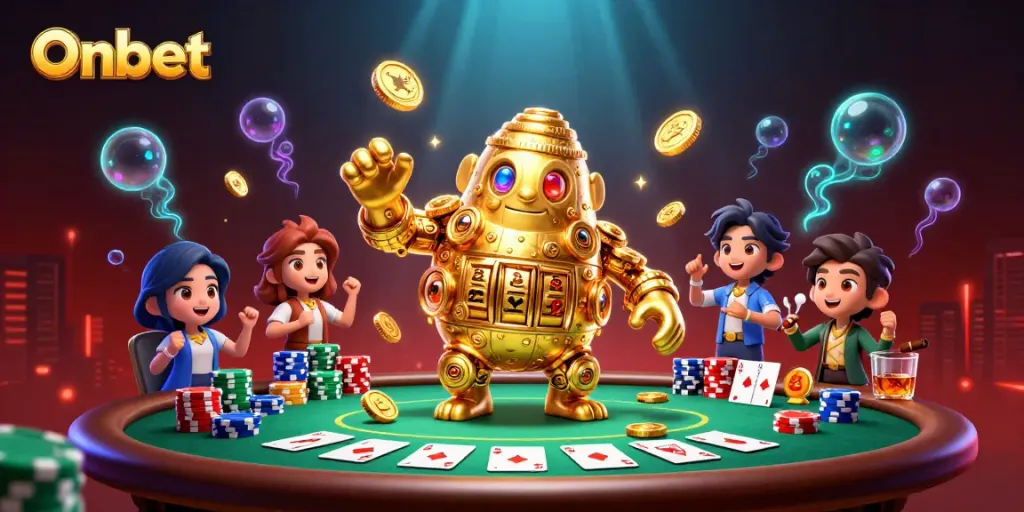 Onbet showcases thrilling gaming experiences featuring vibrant poker scenes with golden elements.