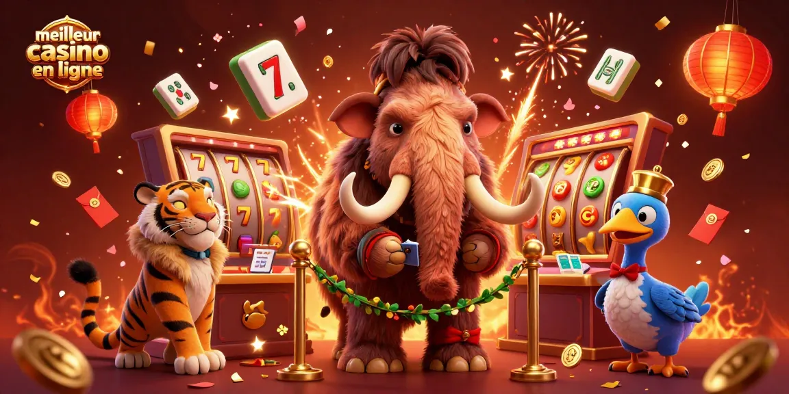 Explorez le meilleur casino en ligne avec un mammouth bouncer et un tigre VIP en manteau de fourrure.