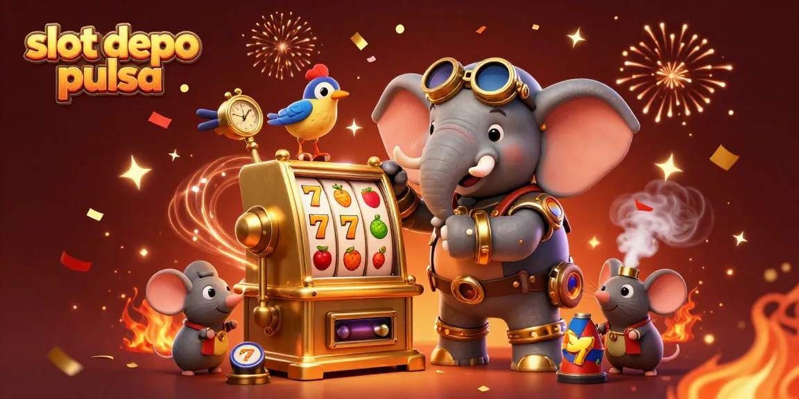 Engage with the exciting slot depo pulsa experience as a steampunk elephant rolls the slot machine, surrounded by vibrant casino elements.