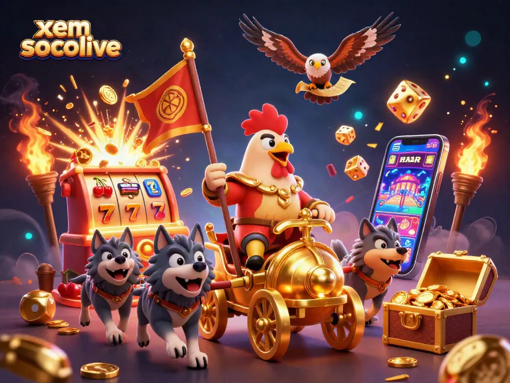 Experience xem socolive with a rooster warlord and dynamic casino elements in this vibrant illustration.