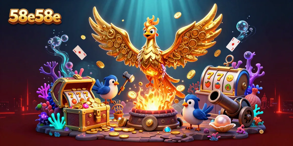 Engage in excitement at 58e58e with a 3D illustration featuring a golden phoenix and vibrant slot symbols.